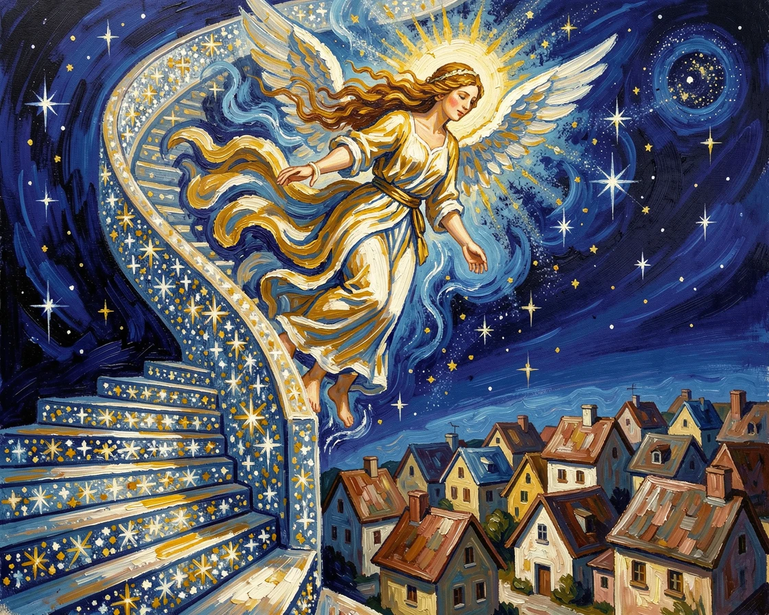 A celestial being descending a staircase of stars toward a sleeping village below.
