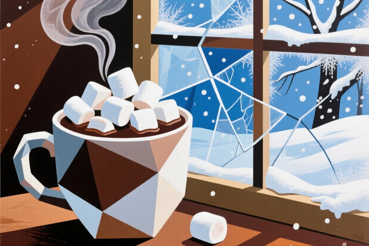A cup of hot chocolate topped with marshmallows beside a snowy window.