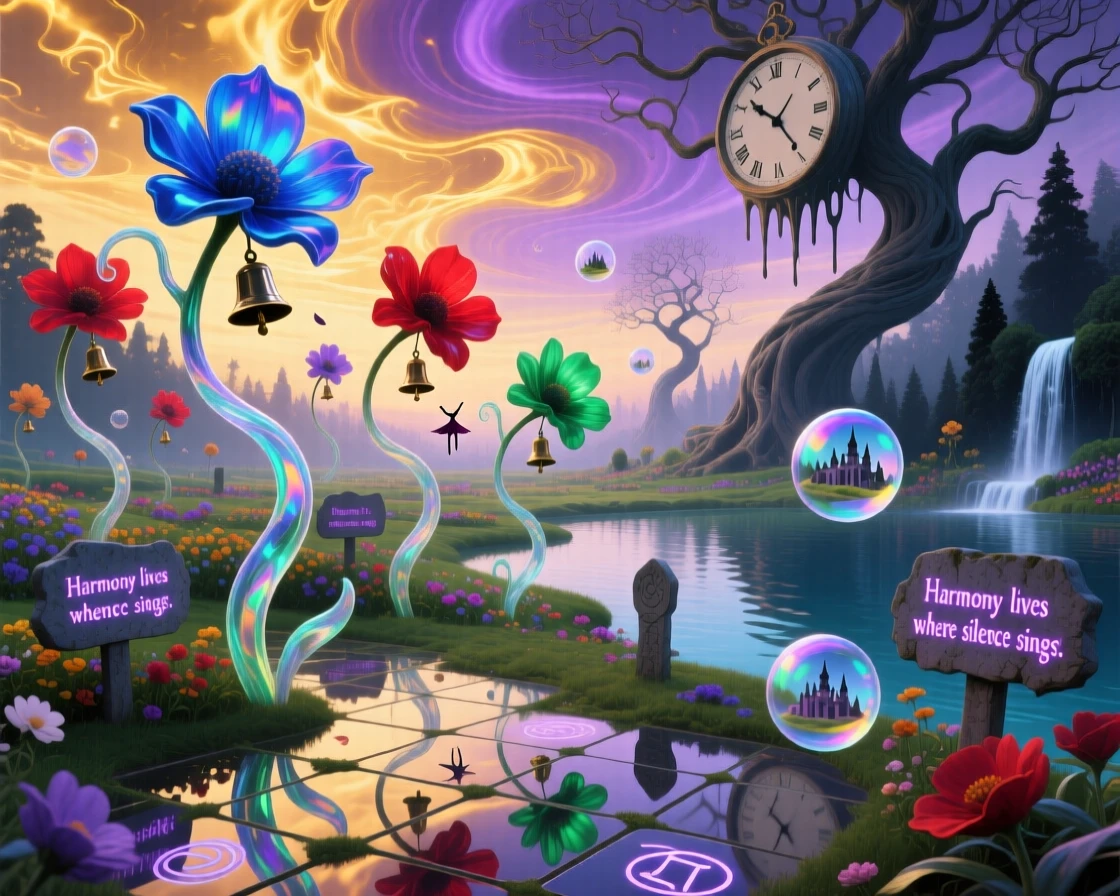 A garden of flowers that chime softly like tiny bells sways gently though no wind can be felt, as petals fall slowly, spinning like tiny dancers.
