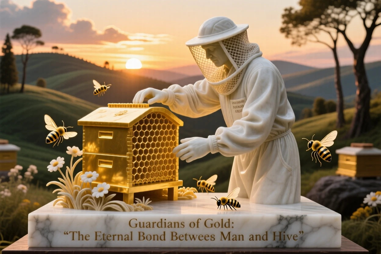 A vivid, emotionally rich scene of a beekeeper tending golden hives at sunset, framed by dramatic natural scenery, designed to captivate and inspire