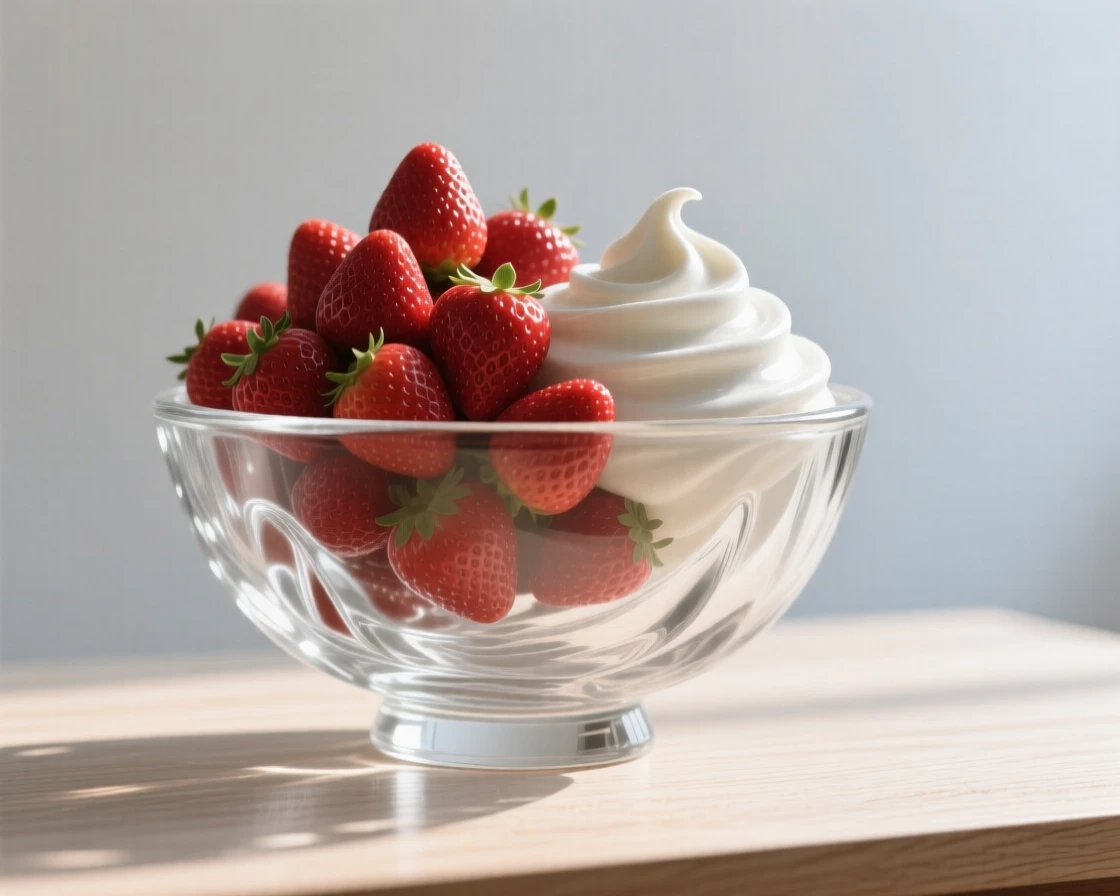 A bowl of ripe strawberries piled high beside fresh cream while sunlight catches the surface of the table