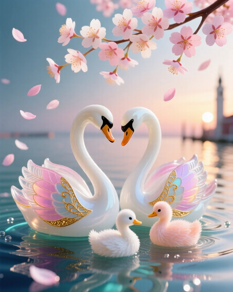A pair of swans and cygnets swimming together beneath drifting cherry blossom petals at dawn, tender and dreamy.