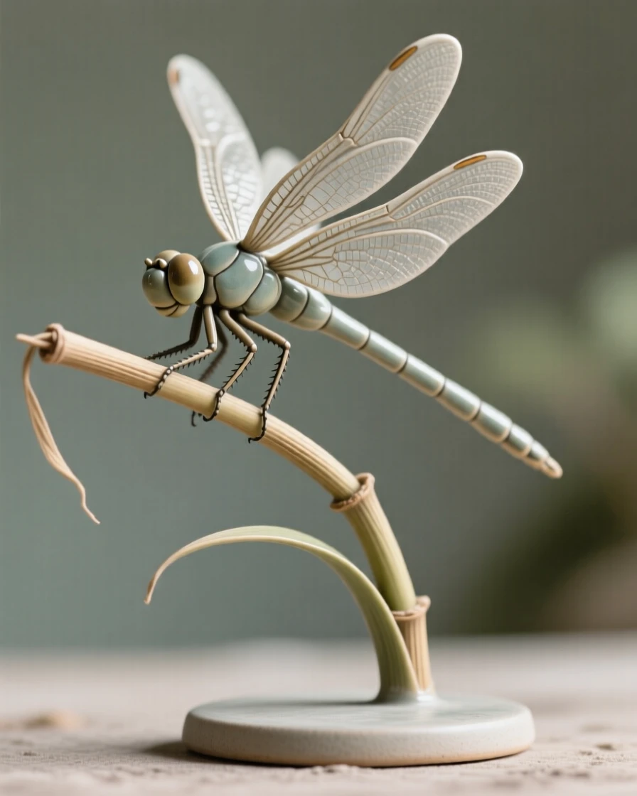 A dragonfly balanced on a slender reed captured mid-flight with wings fully spread, outlined against a soft-focus natural backdrop, capturing a serene moment suspended in time.
