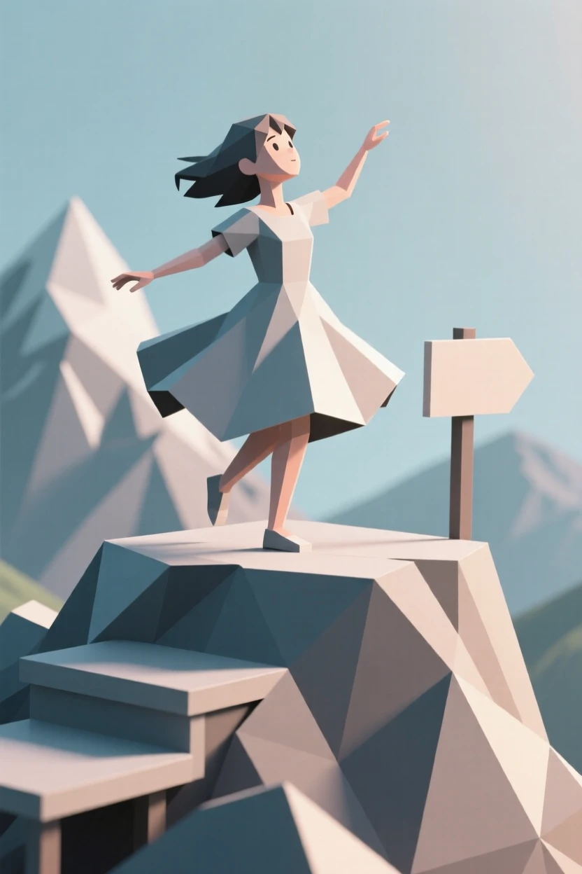 A young girl twirling in a flowing dress, atop a mountain overlook. soft backlighting creates a warm, glowing silhouette. A gentle warmth radiates through the scene.