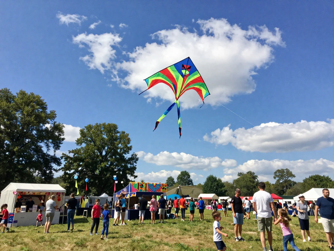 A colorful kite soaring high above a summer festival
