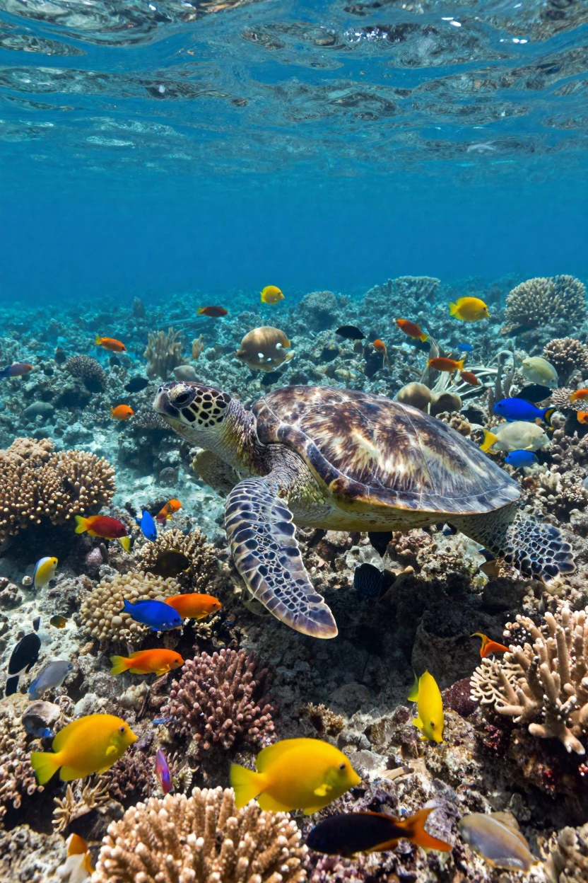 A sea turtle glides slowly over a coral reef teeming with colorful fish.
