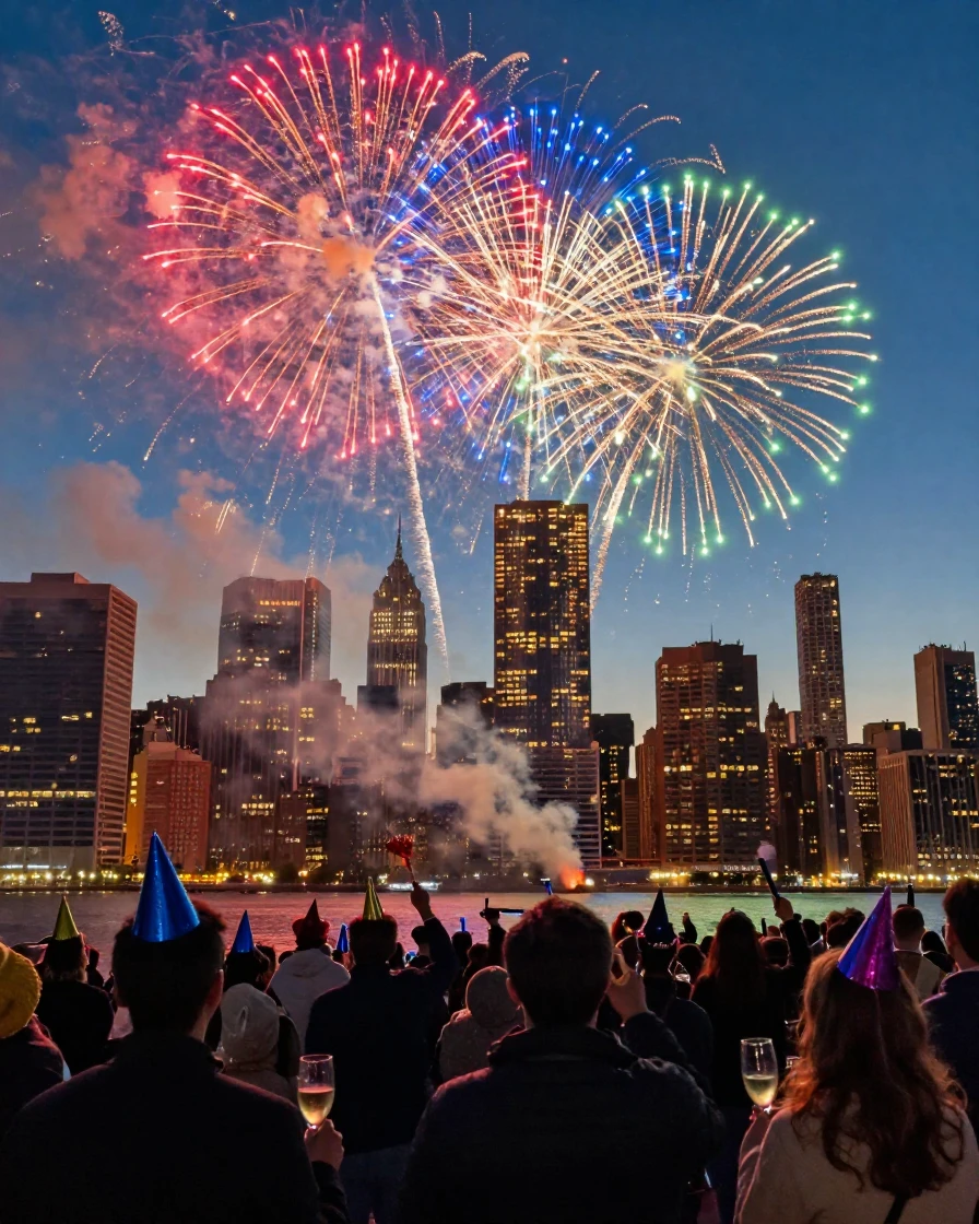 A fireworks display exploding in bursts of color above a city skyline on New Year's Eve