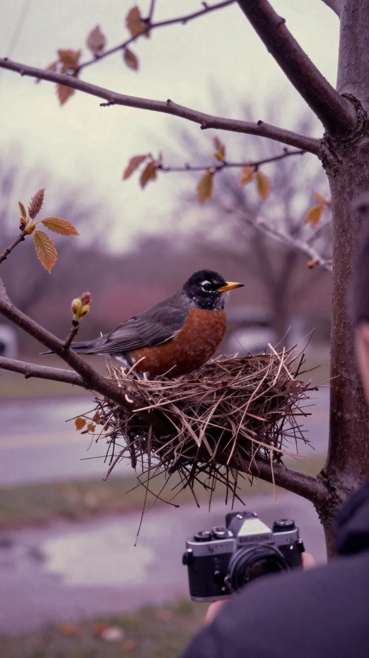A robin building a nest in the fork of a budding tree, in gentle diffused daylight, just after a rain shower, with puddles reflecting the sky, in late autumn, in dusty lavender and rose tones, over the shoulder of the main subject.