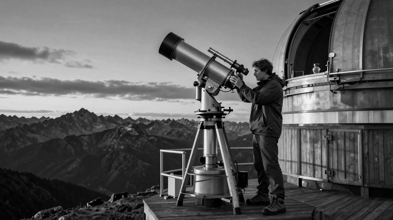 An astronomer adjusts a giant telescope lens atop a remote mountain observatory.