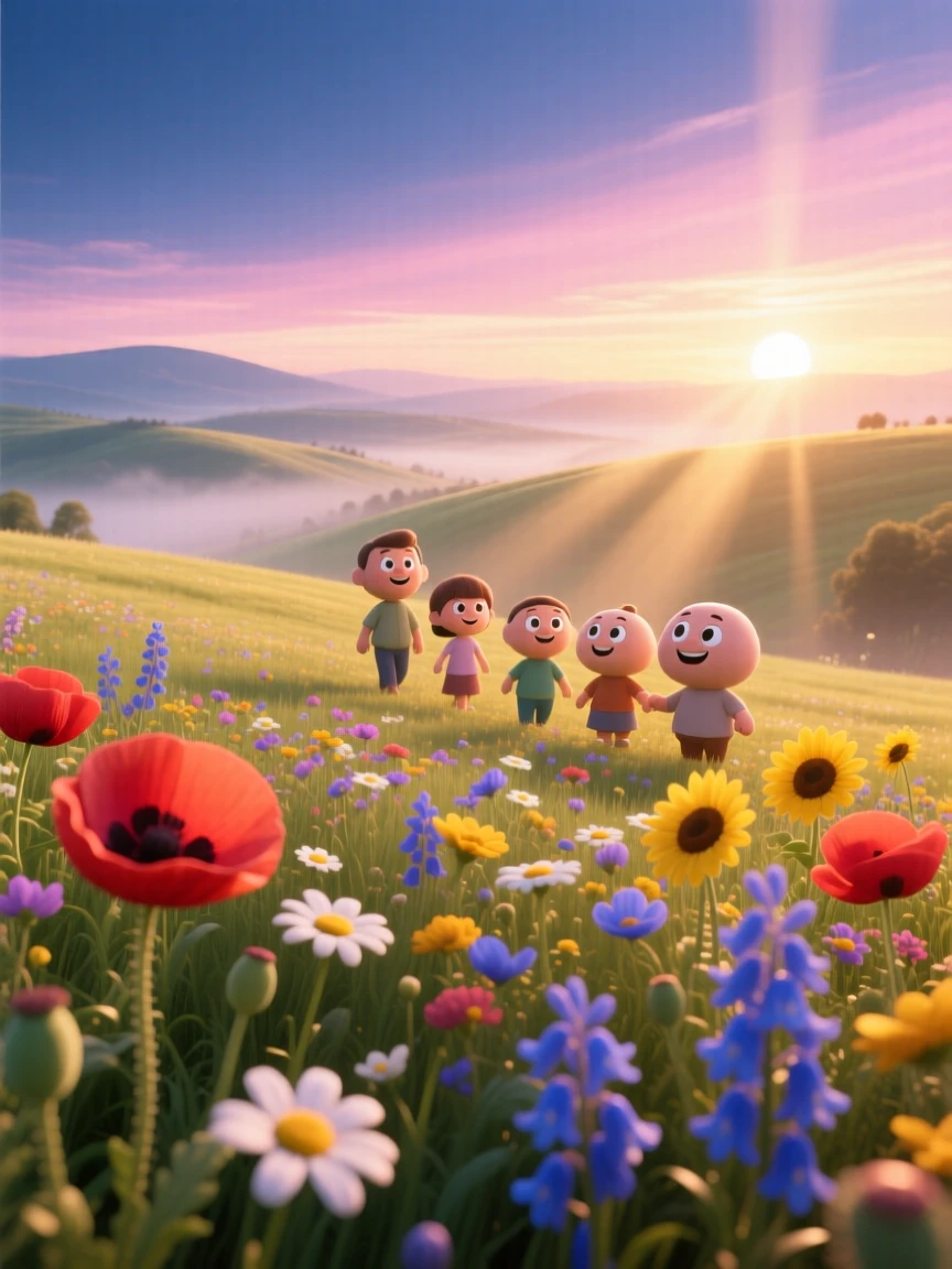A field of wildflowers glows as the first light of dawn spills over the horizon, with wildflowers scattered across the foreground. The mood is serene, vast, and quietly majestic.