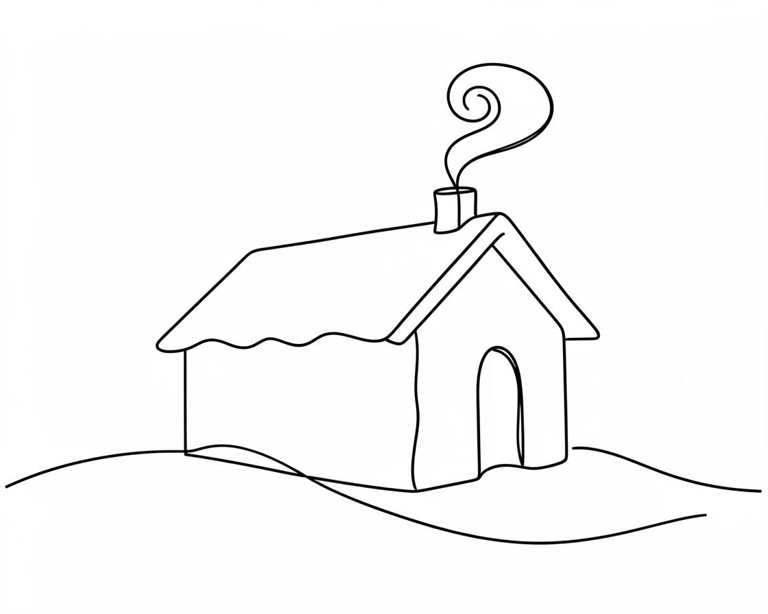 A cozy winter cabin with smoke rising from its chimney in the snow