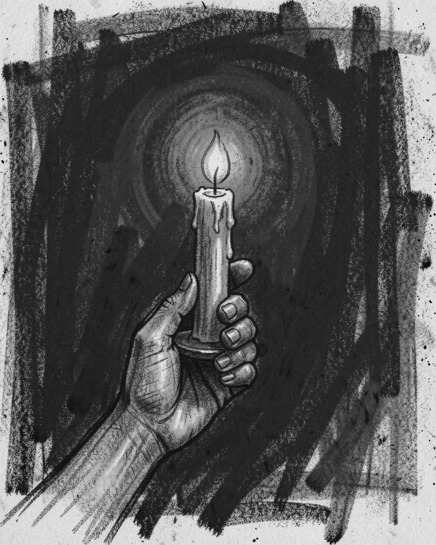 A single candle held aloft in a sea of darkness, on a quiet, peaceful afternoon.