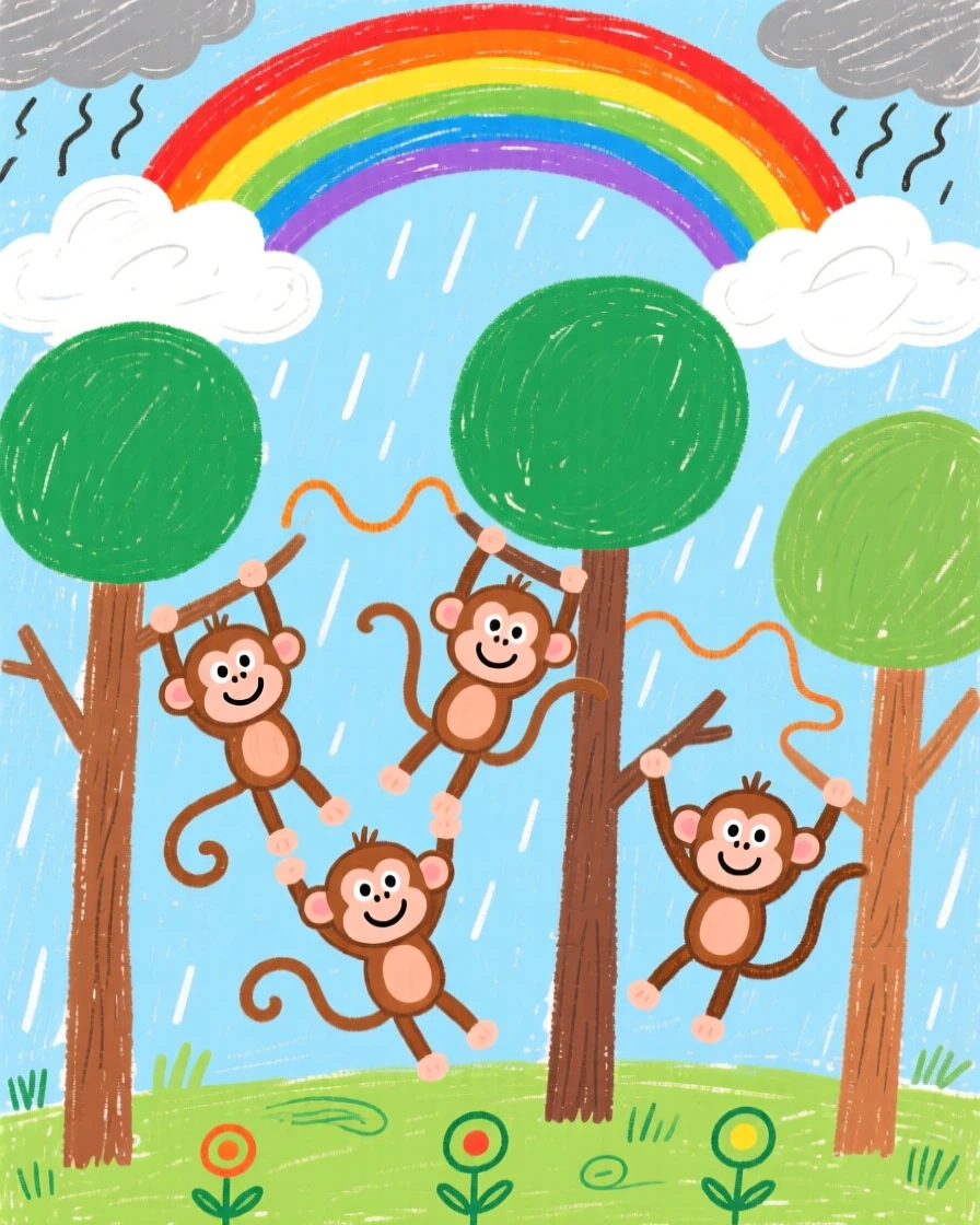 A troop of monkeys swinging through trees beneath a rainbow after a storm.