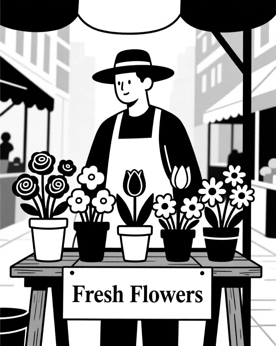 A street vendor selling flowers at a market.