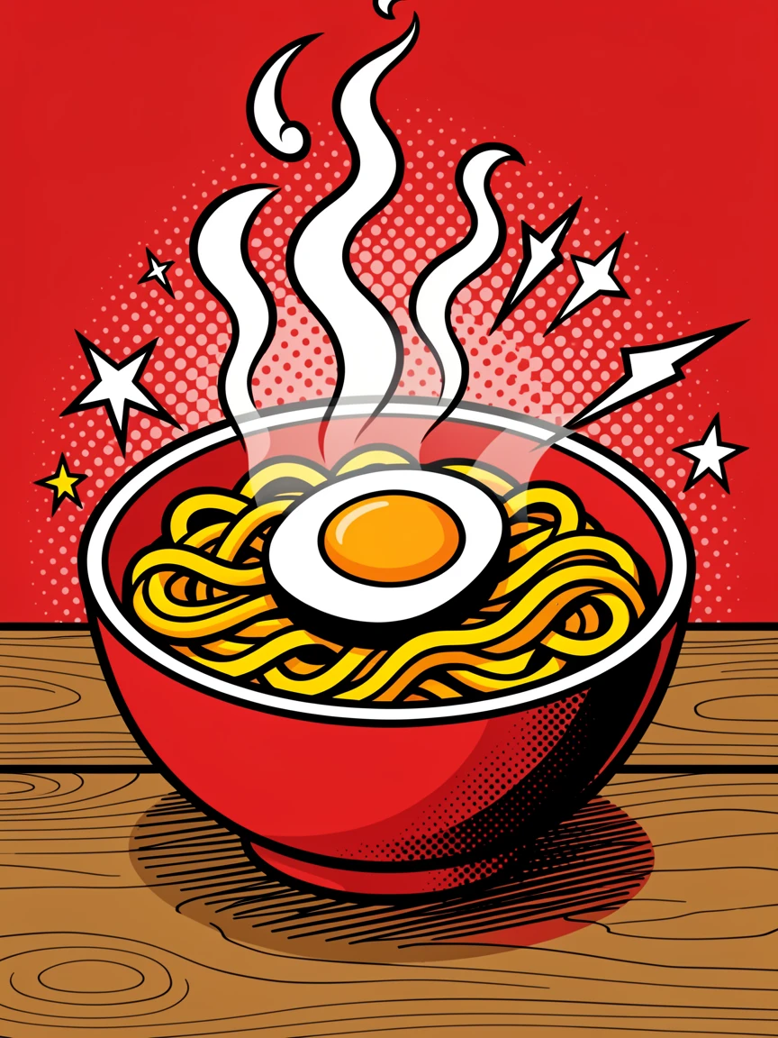 A bowl of steaming ramen with a soft-boiled egg presented beautifully on a rustic wooden table