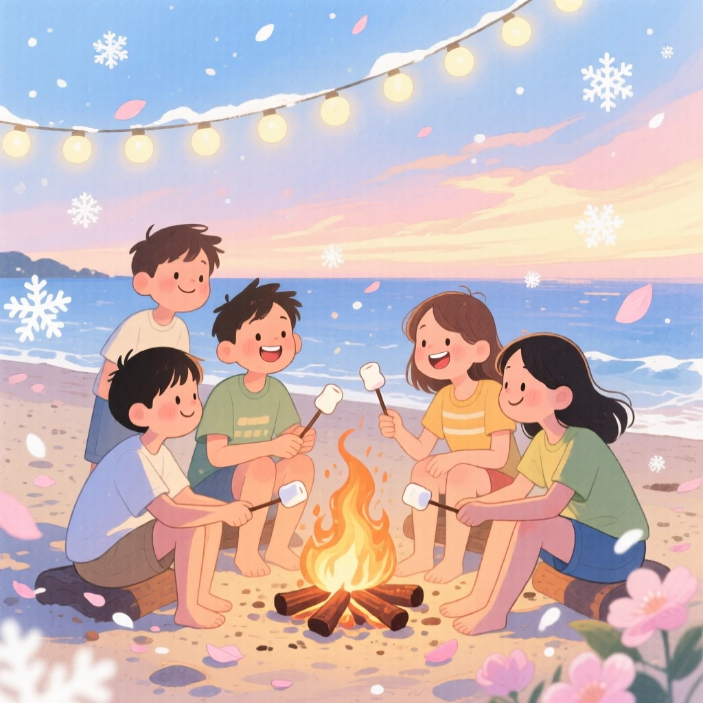 Friends roasting marshmallows around a summer bonfire, in a beach at dusk with string lights swaying, with soft snow or petals drifting gently through the scene, evoking the warmth of summer friendship.