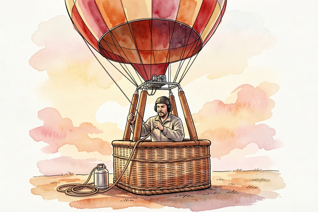 A hot air balloon pilot preparing for takeoff at sunrise, focused concentration evident in every careful movement.