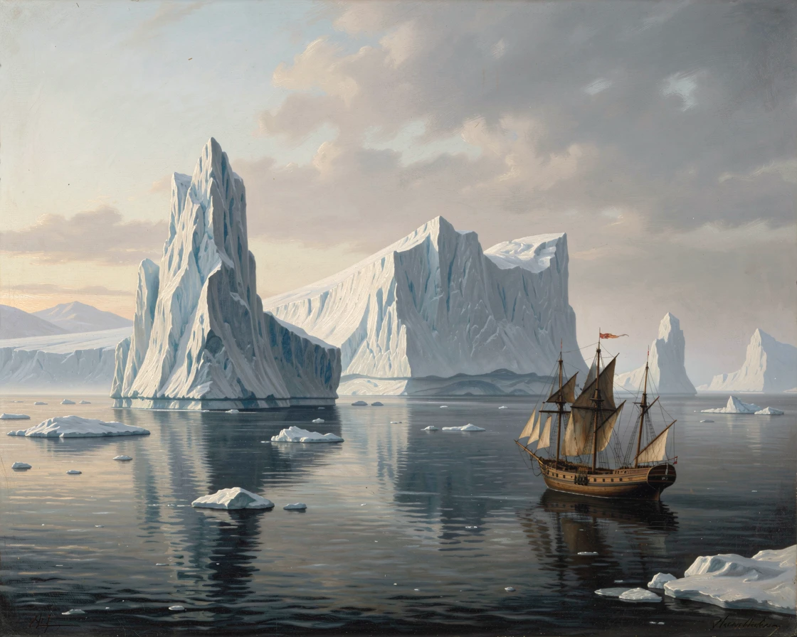 Icebergs drift through cold northern waters beneath a pale sky.