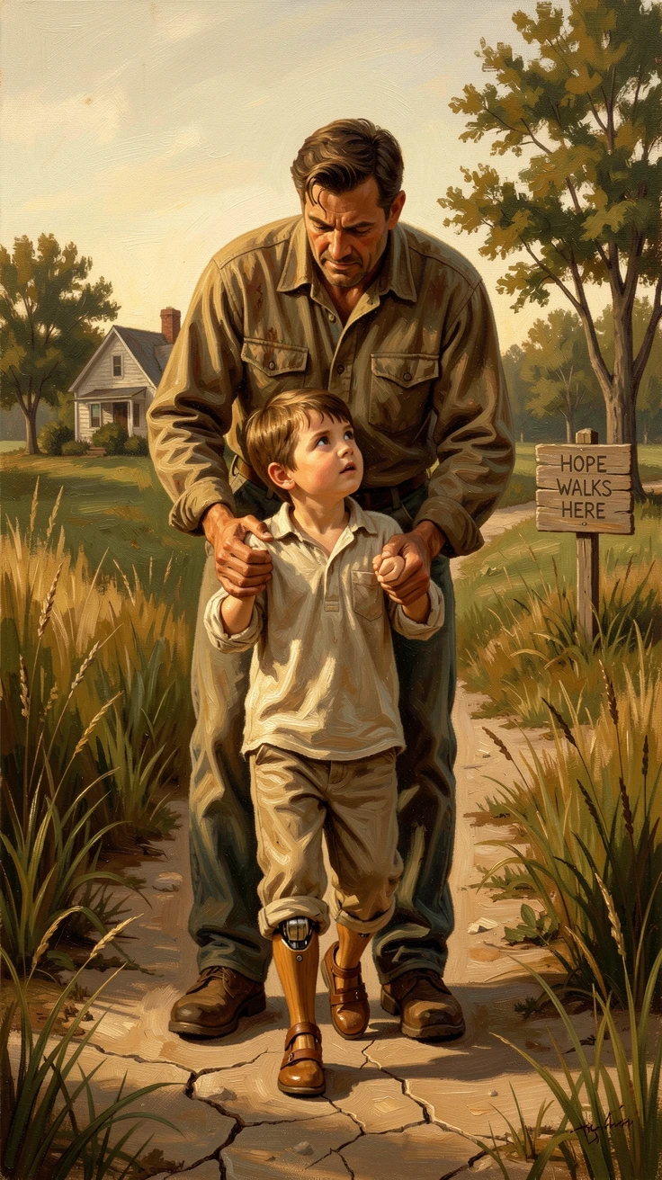 A father teaching his son with a disability to walk using new prosthetics, as golden, hopeful light fills the entire scene, offering a genuinely moving and unforgettable emotional moment