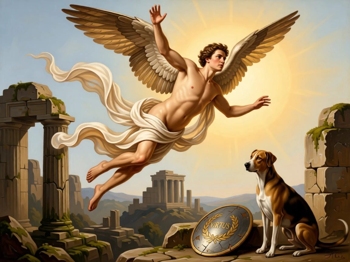 Icarus soaring toward the sun on wings of feathers and wax just as the crowd falls silent in awe, set amid the ruins of a fallen citadel, with a faithful hound and a fallen shield resting nearby; sweeping drapery and gesture guide the eye across the whole scene, charged with heroic resolve and quiet foreboding.