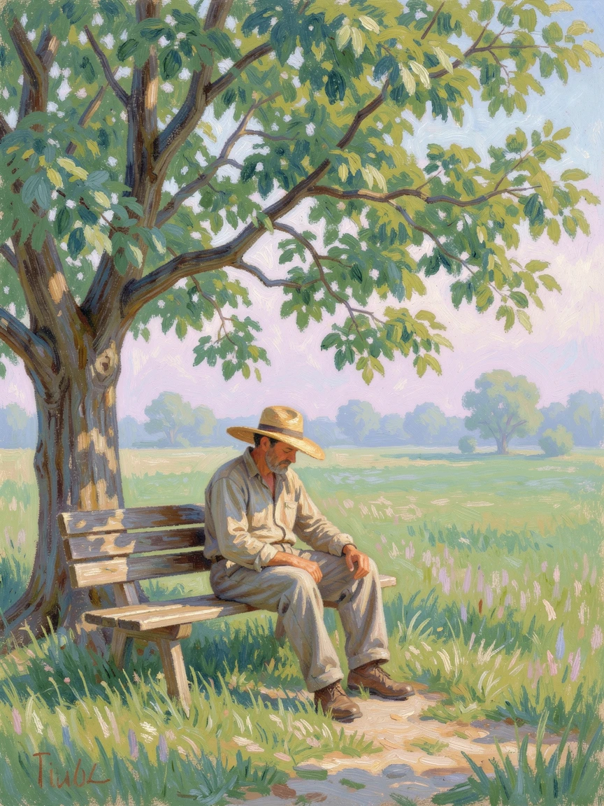 A farmer resting beneath a shade tree after a long day's work, his straw hat tipped over his eyes, in the gentle hush of early morning.