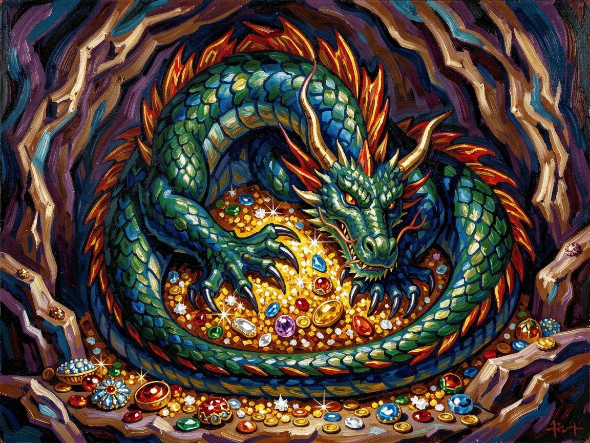 A dragon curled protectively around a hoard of glittering treasure in a cavern.