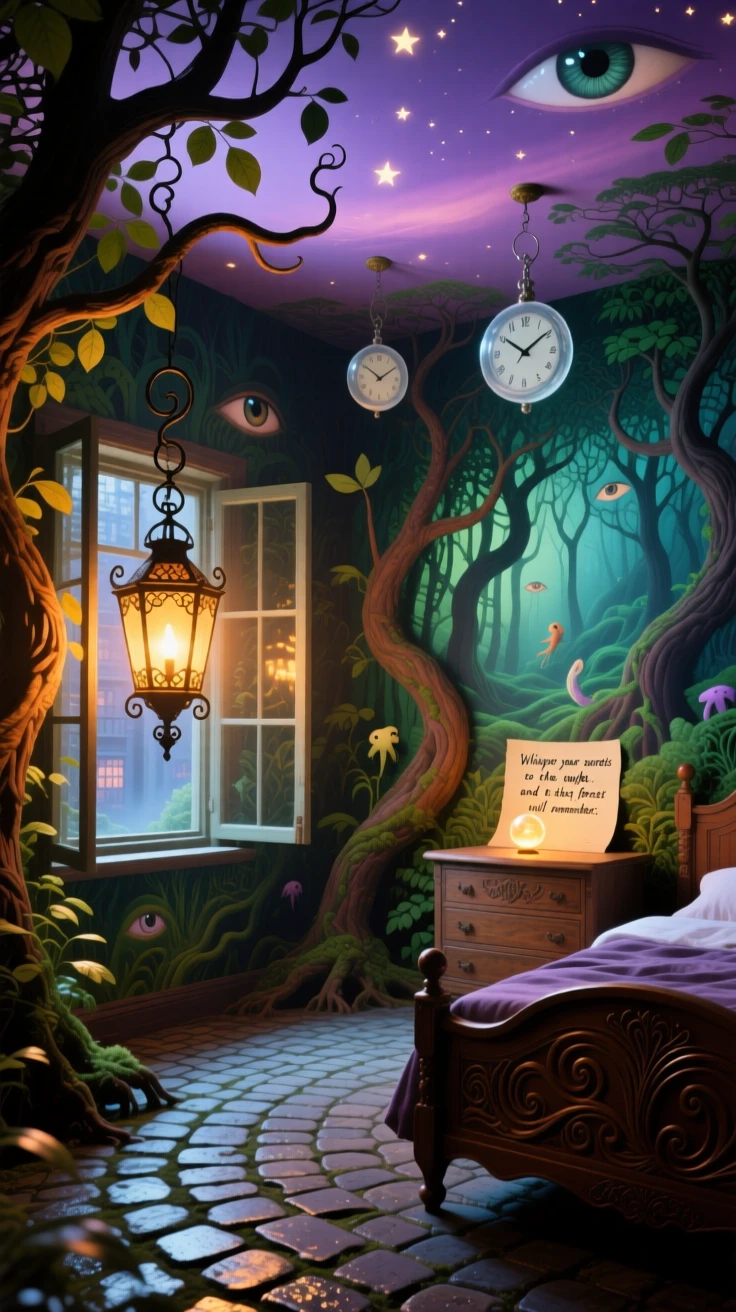 A bedroom whose wallpaper shifts slowly like a living forest hums gently with the quiet rhythm of everyday life, as lantern light spills softly onto quiet cobblestone paths.