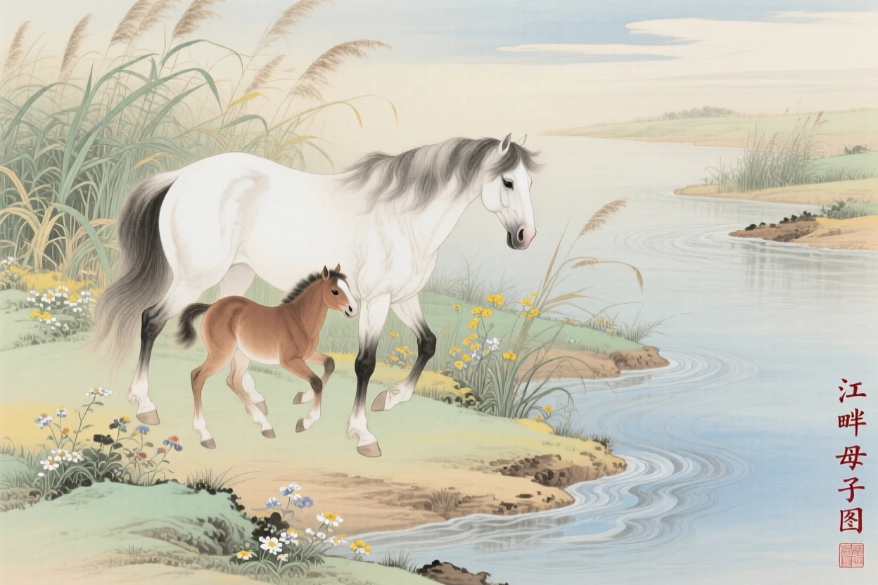 A horse following its mother along a riverbank