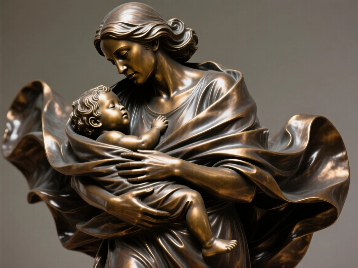 A mother wrapping her child in a warm blanket, captured in dramatic, dynamic motion, forming a strong central focal point