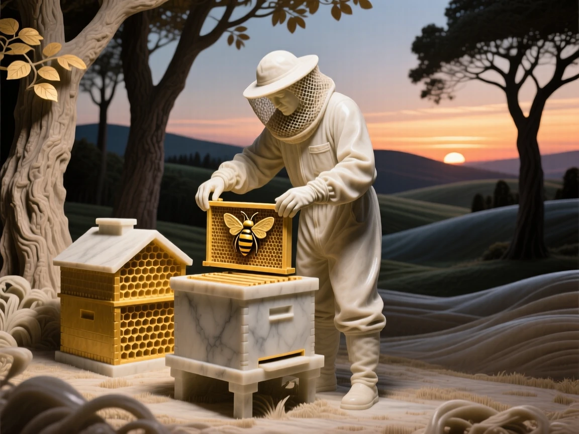A beautifully composed image of a beekeeper tending golden hives at sunset, framed by dramatic natural scenery, full of atmosphere and visual storytelling