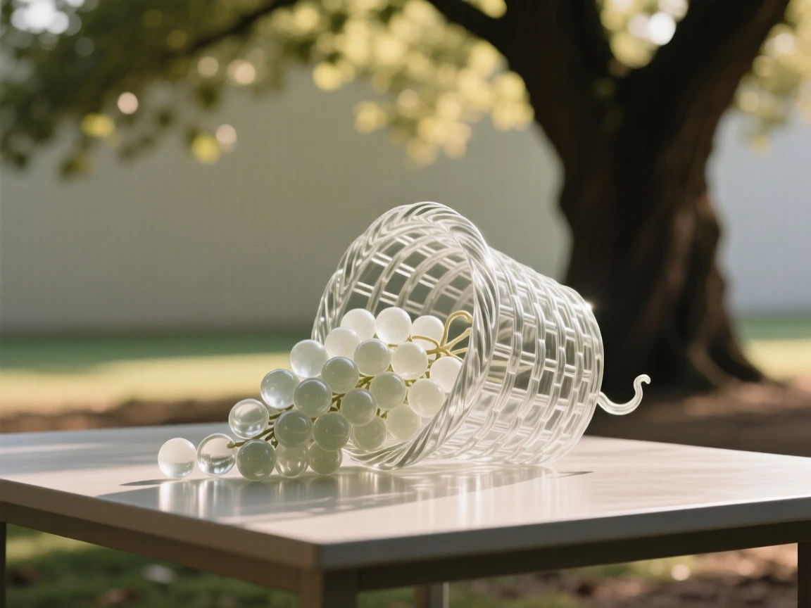 A bunch of grapes spilling from an overturned basket on a table set outdoors beneath a shady tree, while a warm breeze drifts through a nearby open window