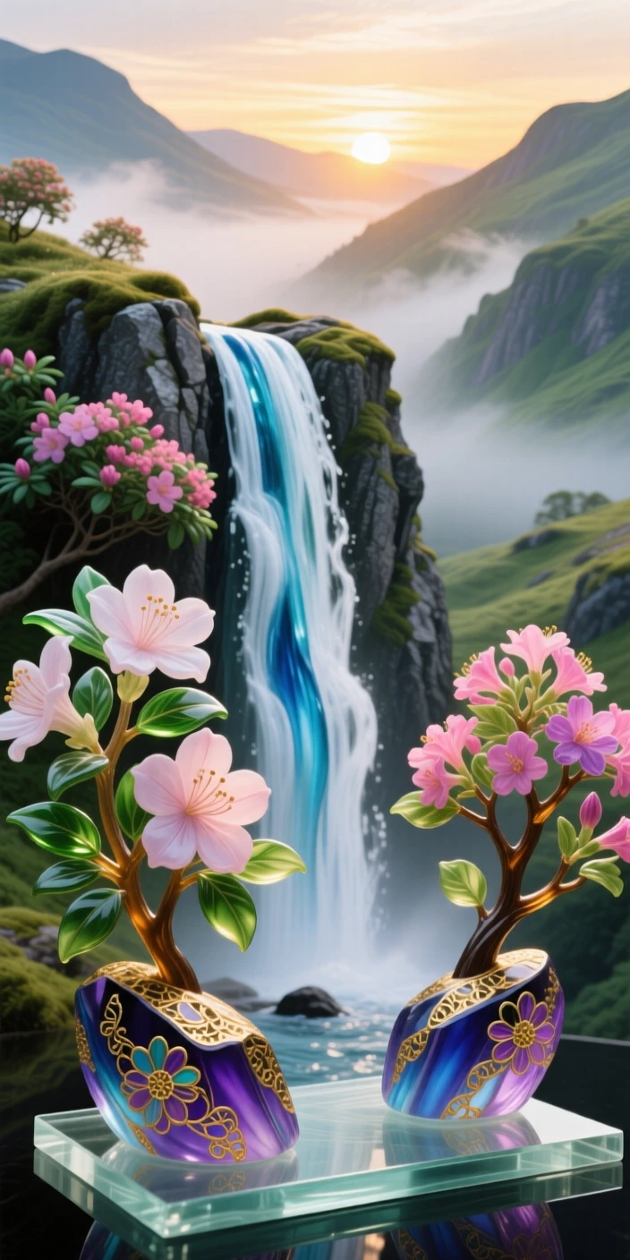 A grand waterfall framed by blooming rhododendrons in a misty highland valley at sunrise, lush and vivid.