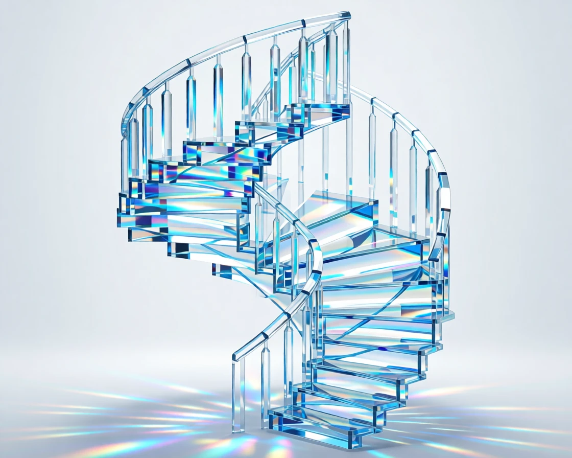 A dreamlike spiral staircase submerged underwater, sunlight filtering from above.
