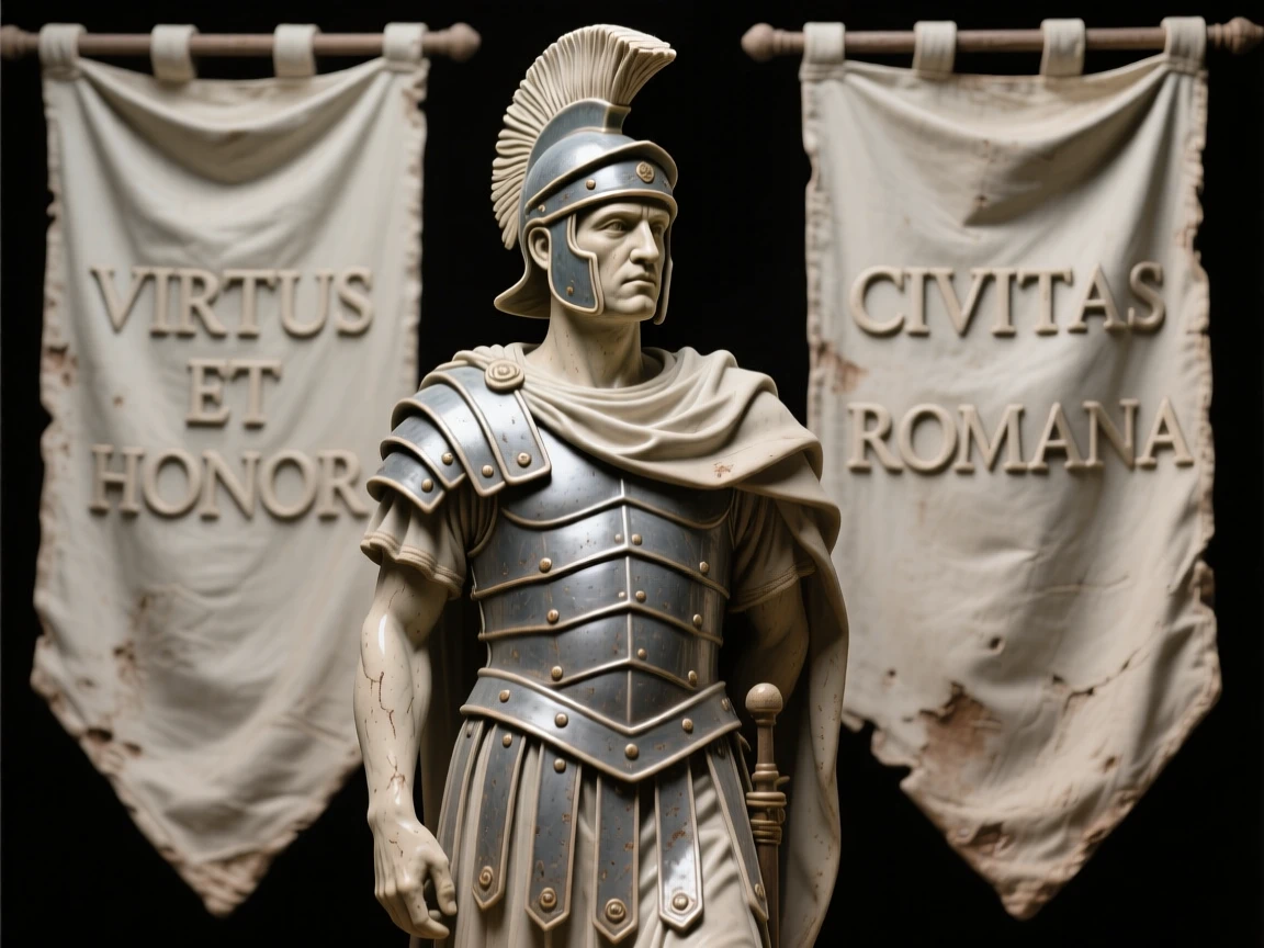 A Roman centurion standing at attention posed regally beneath draping banners, with weathered features telling silent stories, radiating dignity, honor, and cultural pride.