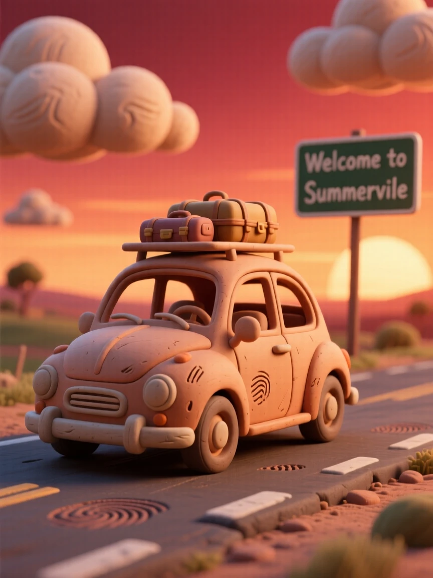 A summer road trip with a car packed and windows down at sunset