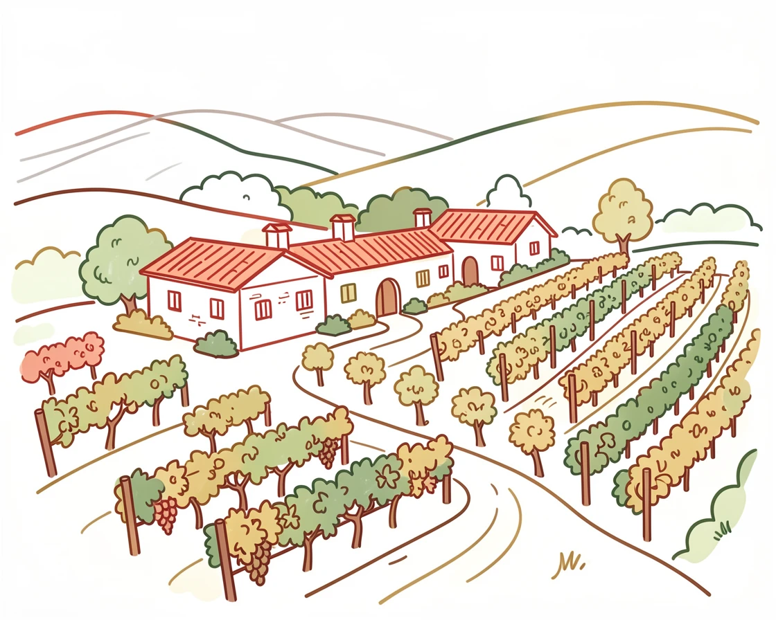 A rustic vineyard estate with terracotta roofs among rolling hills.