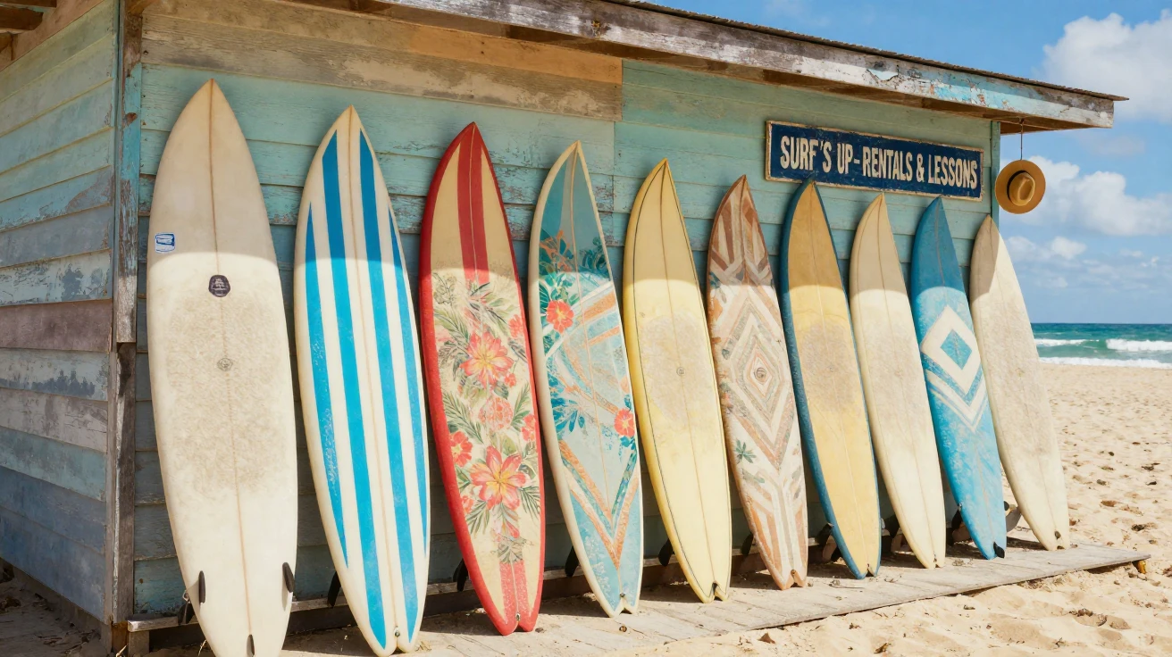 A row of surfboards leaning against a beach shack