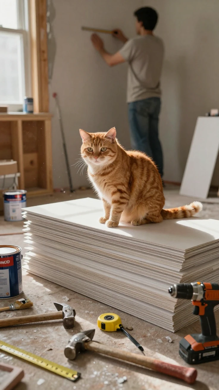 A cat supervises a home renovation project from atop a stack of drywall.