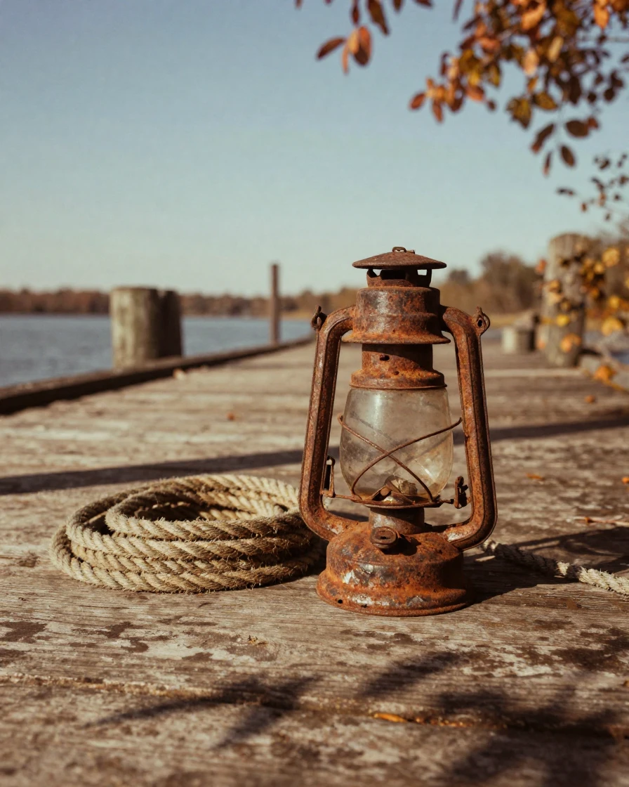 A rusted lantern beside a coil of rope on a weathered dock, in dappled light filtering through leaves, on a clear, cloudless day, in late autumn, dominated by warm amber and rust tones, from a slightly elevated vantage point.
