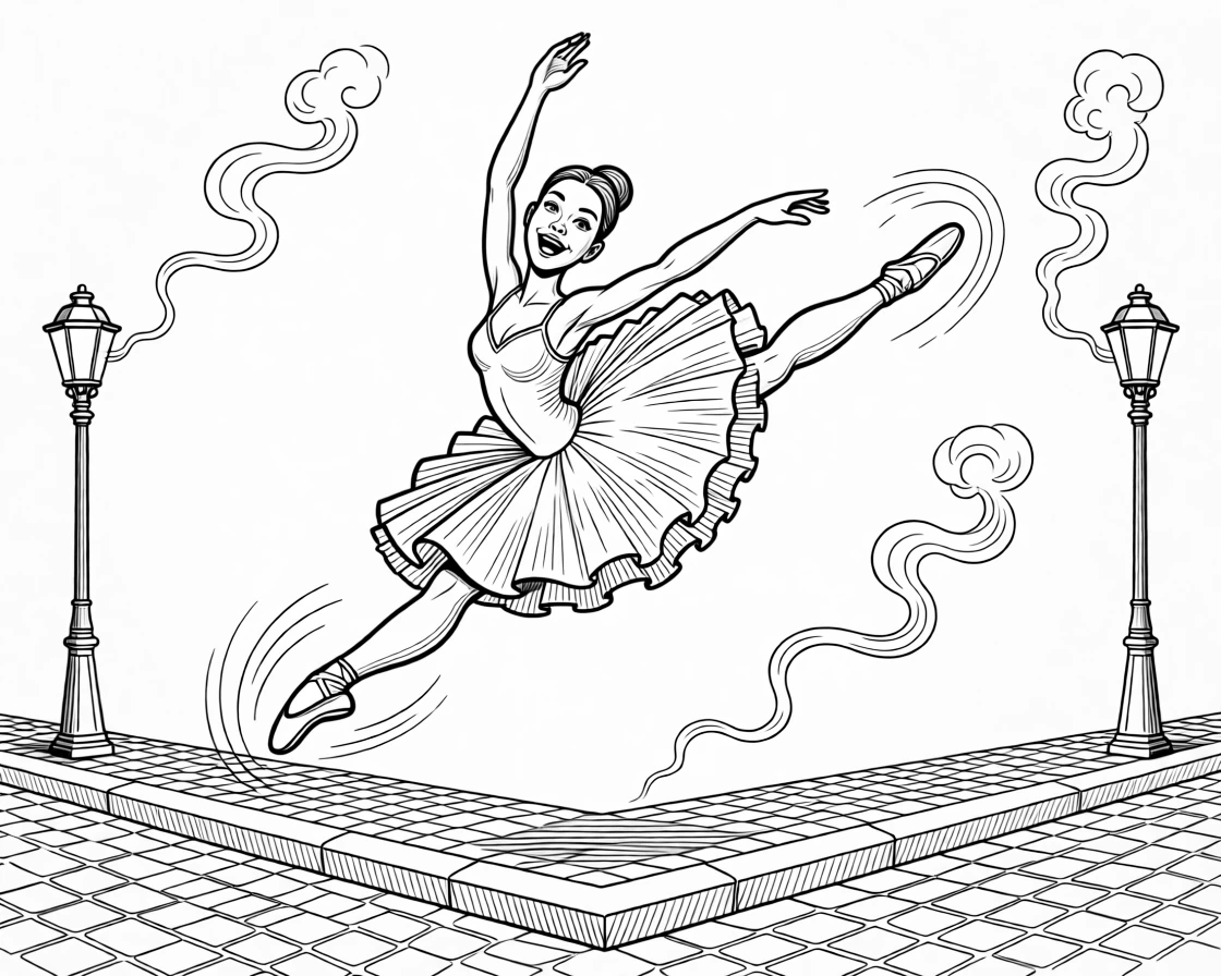 A ballerina frozen in a graceful, gravity-defying leap, spinning so fast the shoes seem to blur, set on a cobblestone street corner. Smoke curls lazily around the stage lights. There's an infectious, larger-than-life energy to the moment.