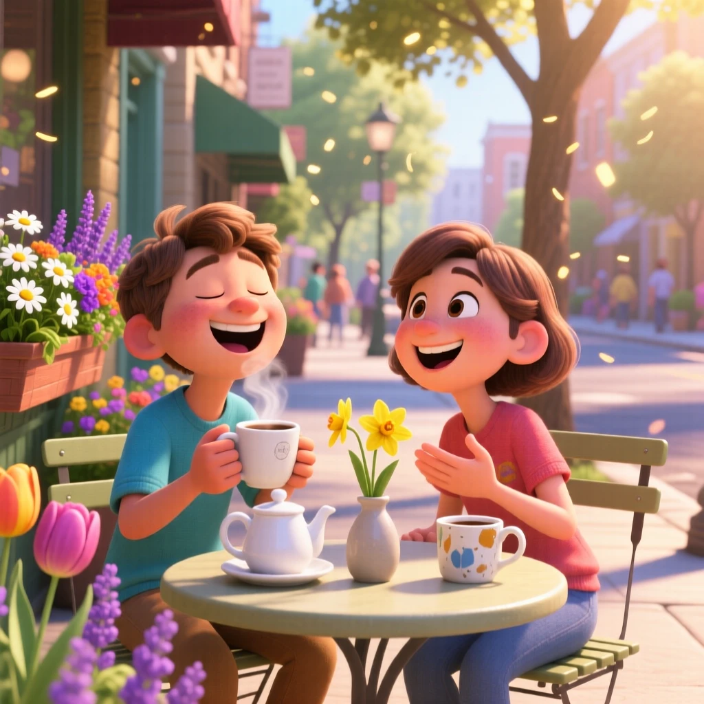 Two best friends sharing a laugh over coffee unfolds on a sunny sidewalk lined with flower boxes, with everyone's laughter filling the air. The atmosphere glows with gratitude and delight.