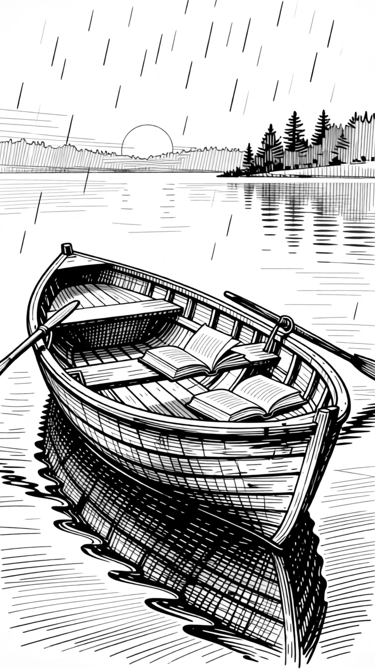 A small boat drifting on a calm lake at dawn with the sound of rain tapping softly nearby, with a few scattered books left open mid-read, evoking a quietly hopeful sense of calm.
