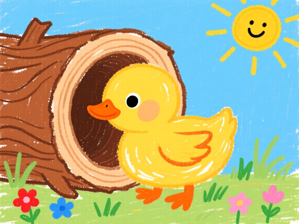 A fluffy duckling peeking out from a hollow log.