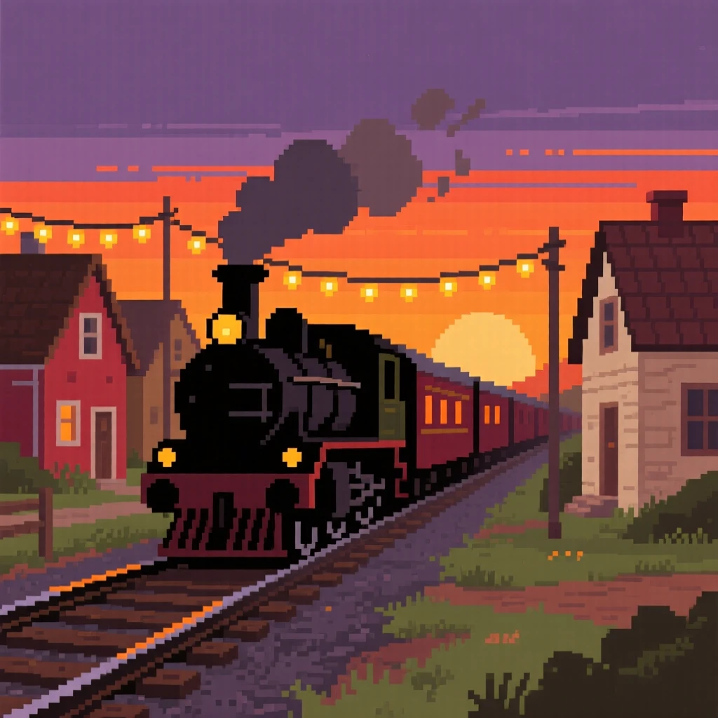 A train chugging through a small town lit by string lights strung between houses, in a small countryside town at sunset.