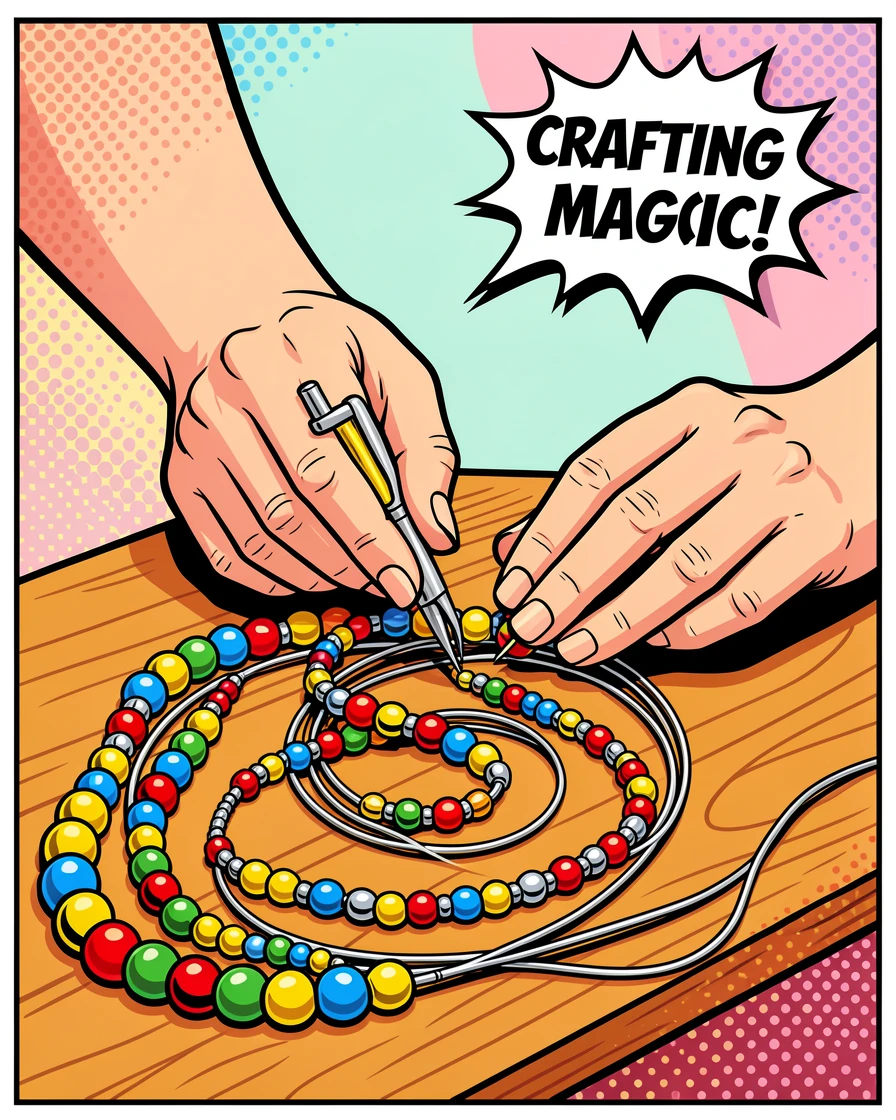 A jewelry maker arranging beads and wire on a wooden table