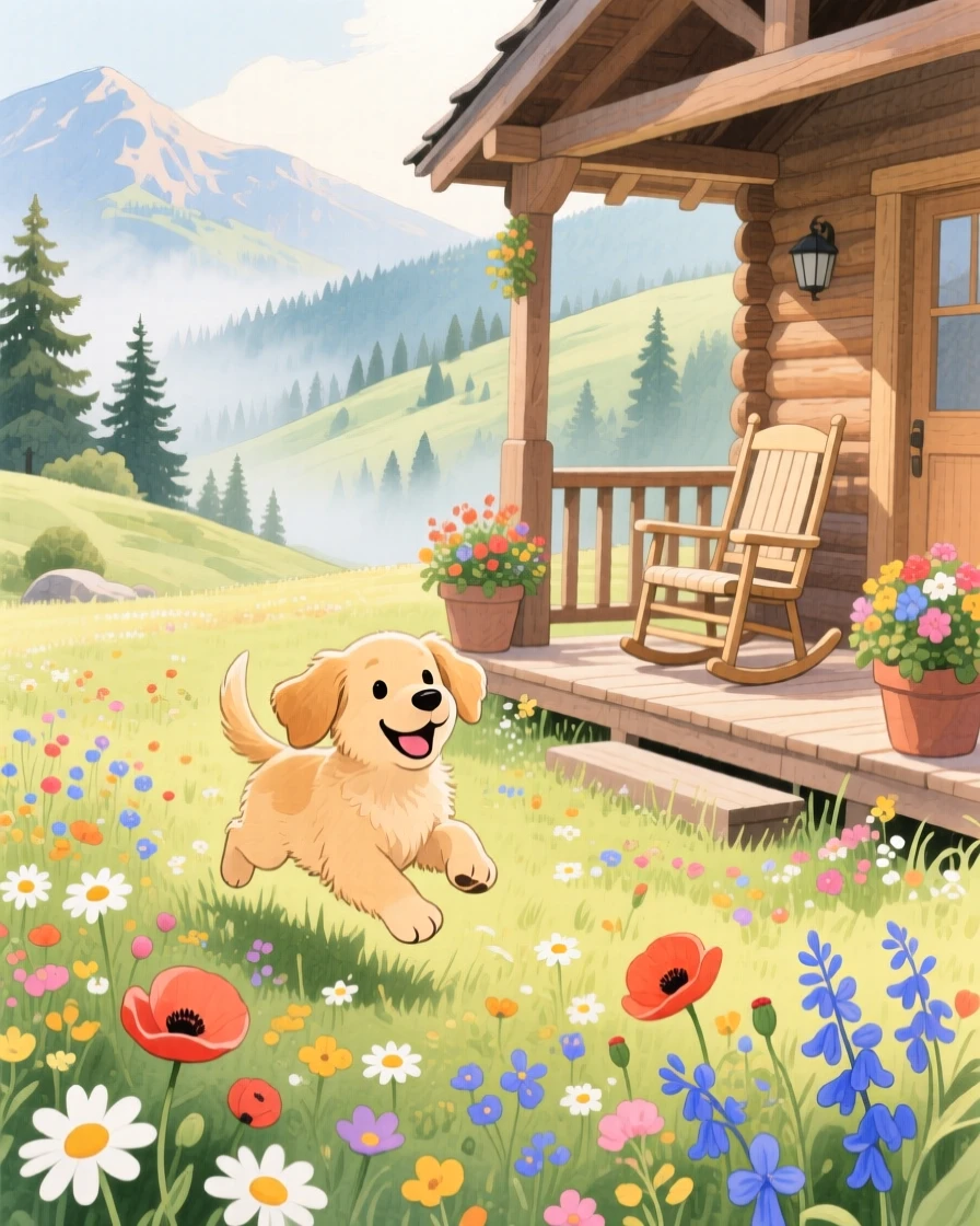 A golden retriever puppy hopping through a meadow of wildflowers, set in a mountain cabin porch overlooking misty pines, radiating pure innocent joy.