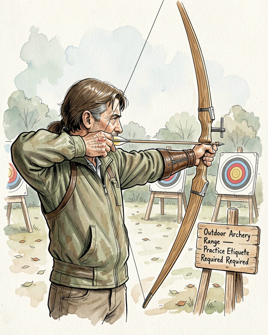A archer drawing a bow at an outdoor range on a crisp morning, small details revealing years of practiced dedication.