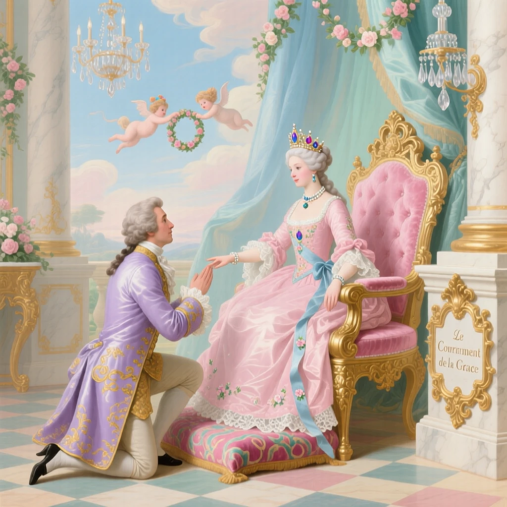 A prince kneeling before a queen in a grand throne room  