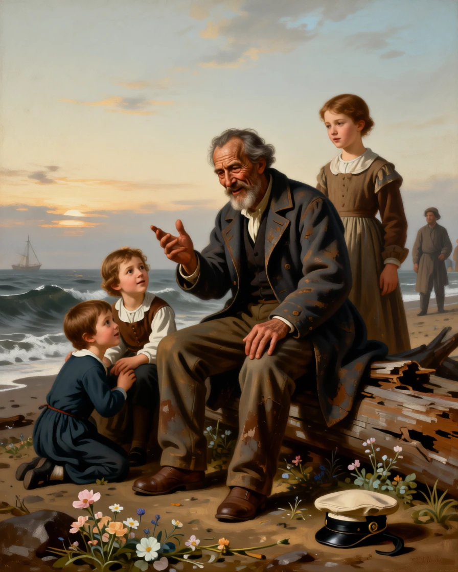 An old sailor recounting his final voyage to eager grandchildren in a gesture that speaks louder than words, set on a storm-battered shoreline at first light, with scattered flowers and a fallen hat marking the moment; the surrounding onlookers form a soft frame around the emotional core, aching with bittersweet longing and hard-won joy.