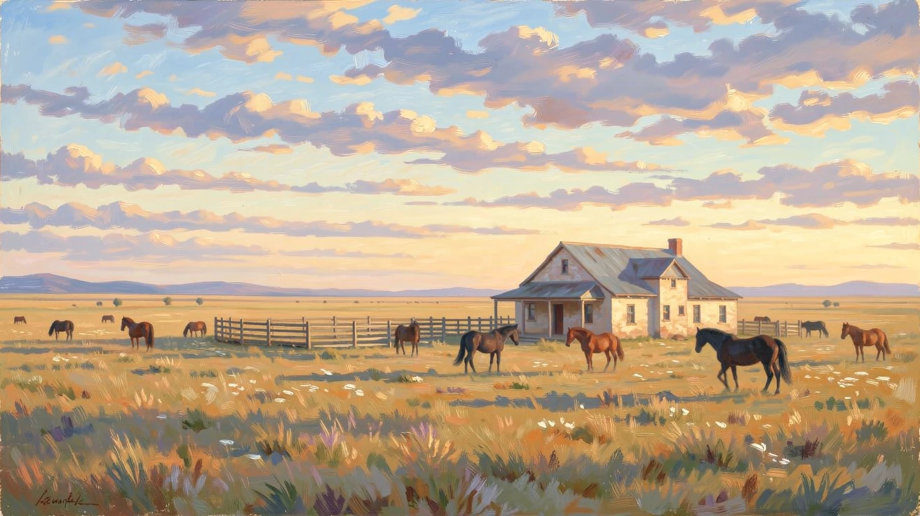 A traditional gaucho ranch on the Argentine pampas, horses grazing beneath an endless open sky, capturing a moment of quiet intimacy.